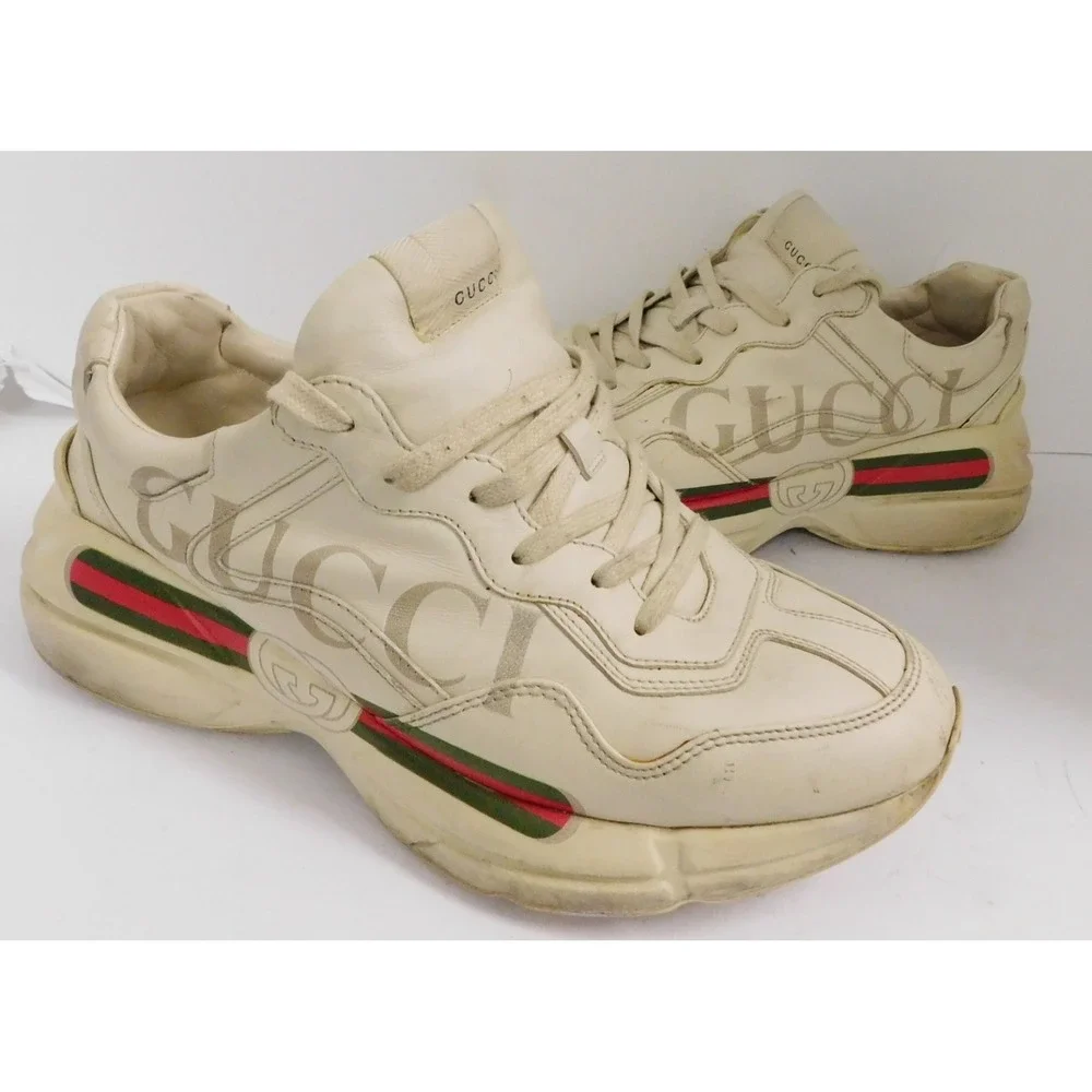Gucci Rhyton Ivory Leather Logo Sneaker Men's Athletic Shoes 500877 sz 7.5